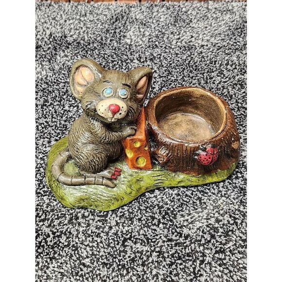 Vintage Chalkware Mouse with Cheese Tealight Candle Holder - Picture 2 of 9